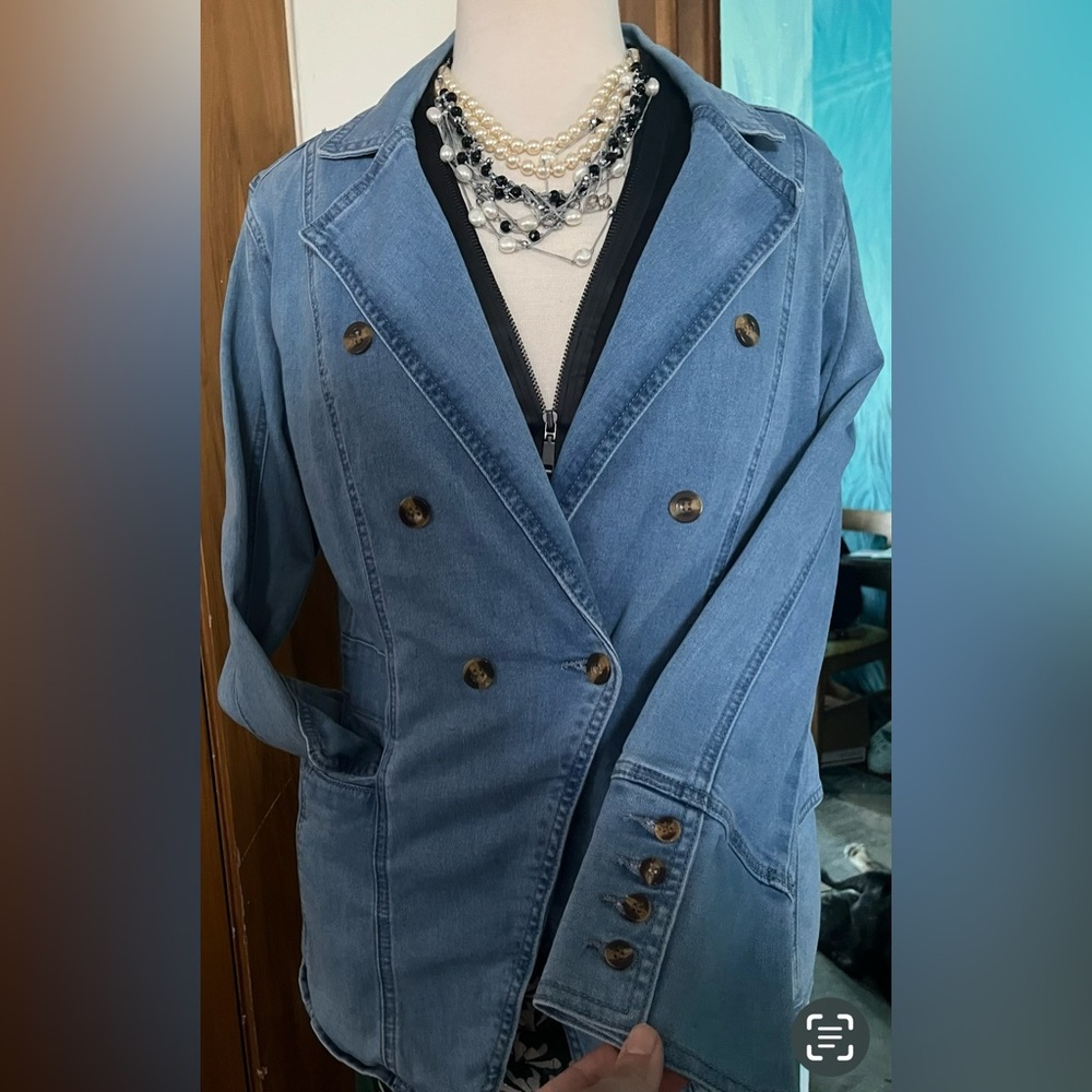 Allegra K Women's Notched Lapel Blue Denim Double-Breasted Blazer